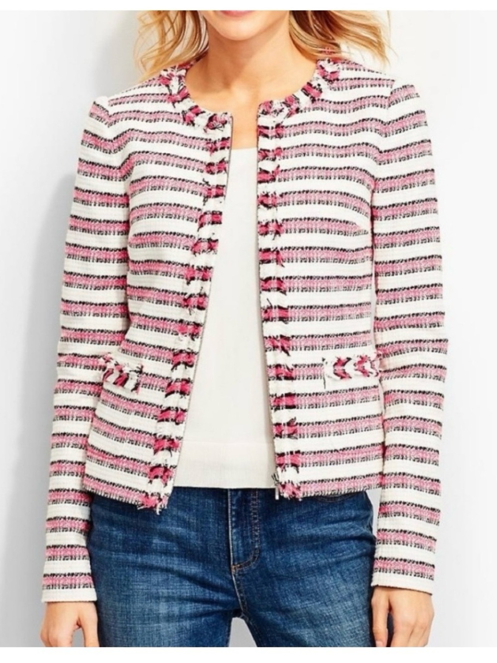 Talbots Striped Pink Tweed Open-Front Jacket size 4